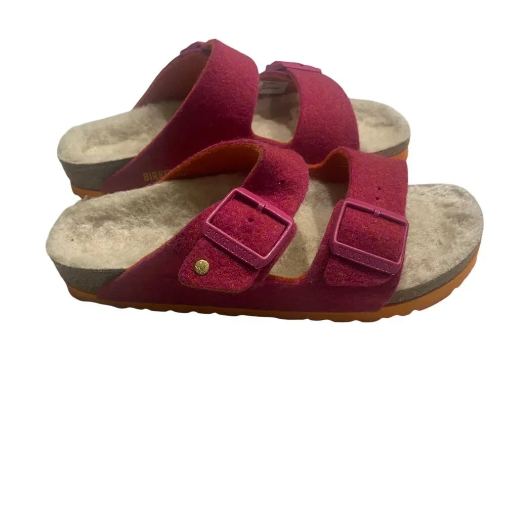 Birkenstock 37 US 6 Pink Wool Felt Sandals With Dual Adjustable Straps & Cork So - Picture 3 of 11